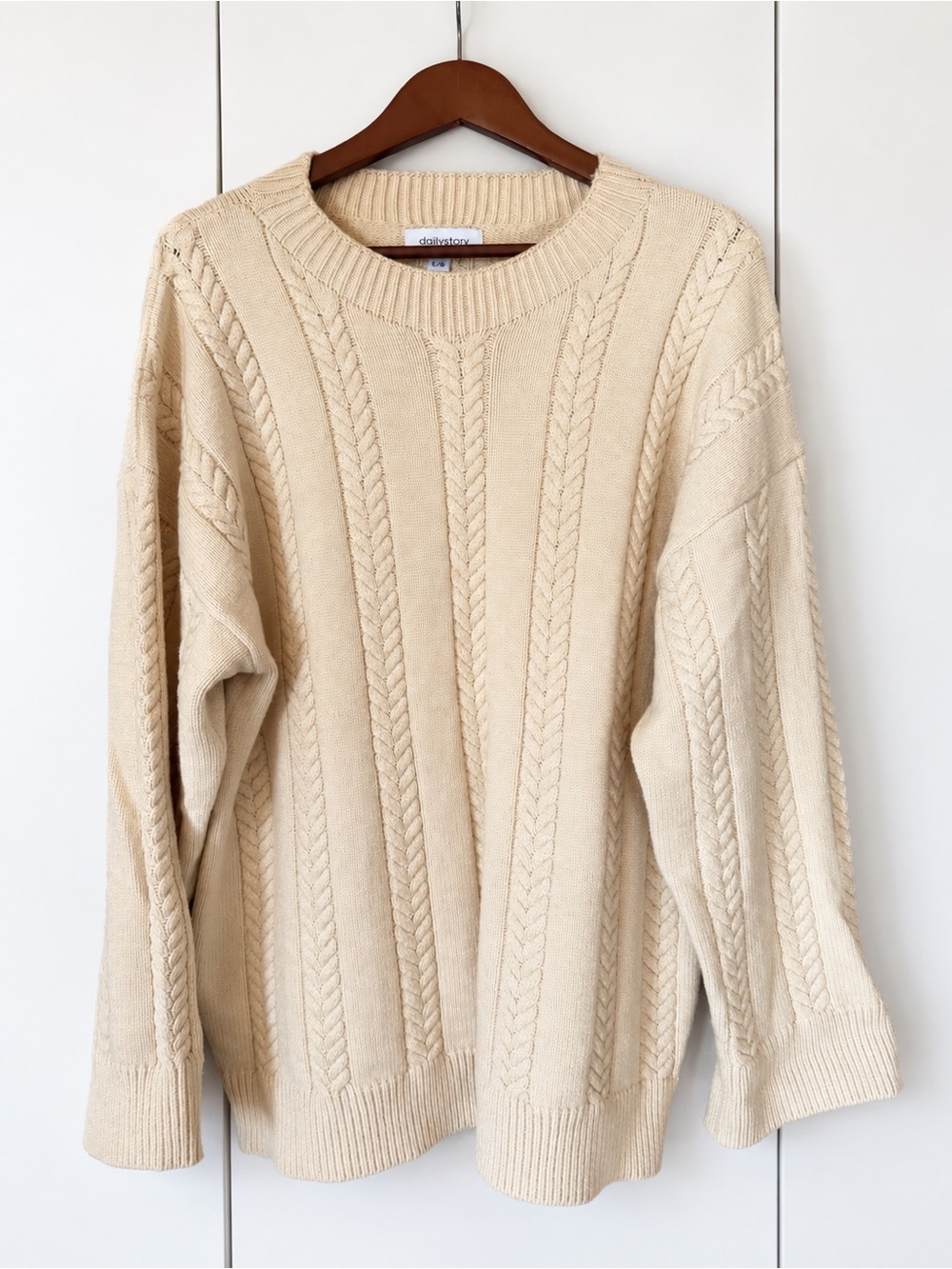 Dailystory Cream Cable Knit Oversized Crewneck Sweater L